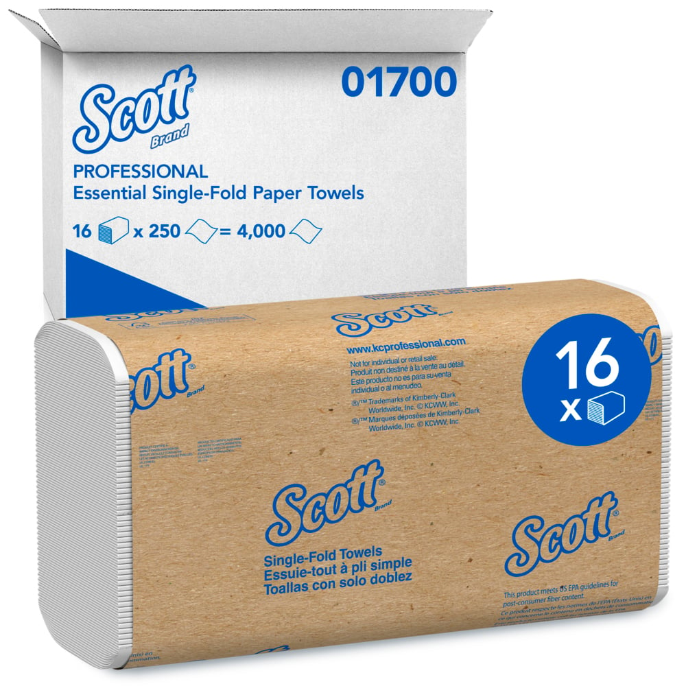 Scott® Essential Single-Fold Paper Towels (01700), White, (16 Packs/Case, 250 Sheets/Pack, 4,000 Sheets/Case) - 01700