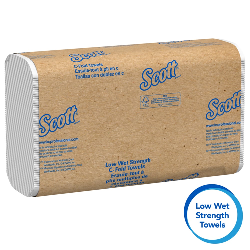 Scott® Essential C-Fold Paper Towels (06041), Low Wet Strength, White, (12 Packs/Case, 200 Sheets/Pack, 2,400 Sheets/Case) - 06041