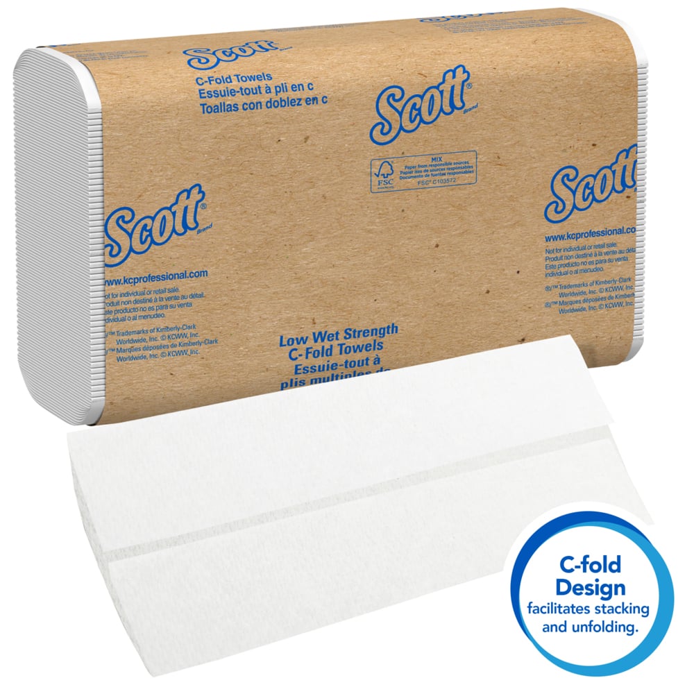 Scott® Essential C-Fold Paper Towels (06041), Low Wet Strength, White, (12 Packs/Case, 200 Sheets/Pack, 2,400 Sheets/Case) - 06041