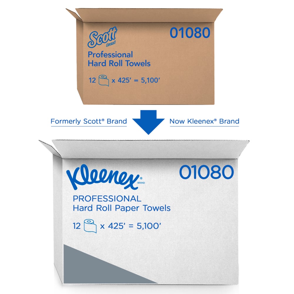 Kleenex® Hard Roll Paper Towels (01080) with Premium Absorbency Pockets, 1.5" Core, White, 425'/Roll, 12 Rolls/Case, 5,100'/Case - 01080