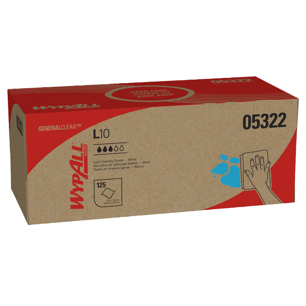 Lingettes de nettoyage léger WypAll® L10 General Clean (05322), usage limité, 1 épaisseur, boîte Pop-Up, blanches, 18 boîtes/caisse, 125 grandes lingettes/boîte - 05322