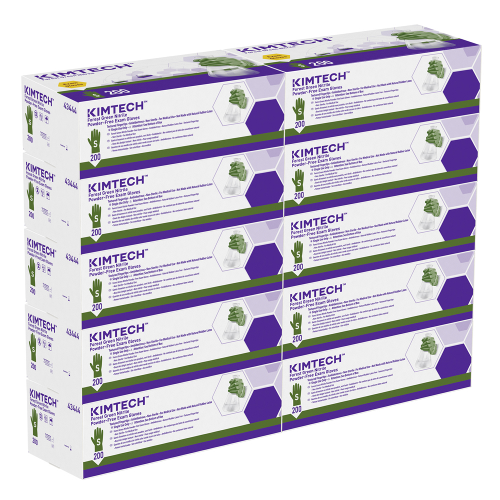 Kimtech™ Forest Green Nitrile Exam Gloves (43444), 3.5 Mil, Ambidextrous, 9.5”, Small, 200 Nitrile Gloves / Box, 10 Boxes / Case, 2,000 / Case;Kimberly-Clark™ Forest Green Nitrile Exam Gloves (43444), 3.5 Mil, Ambidextrous, 9.5”, Small, 200 Nitrile Gloves / Box, 10 Boxes / Case, 2,000 / Case - 43444