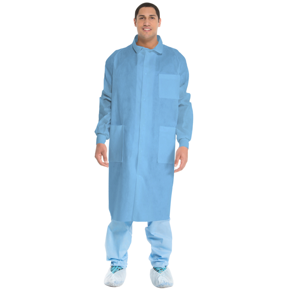 Sarrau de laboratoire certifié Kimtech A8 avec poignets en tricot + protection supplémentaire (10048), tissu SMS protecteur à 3 couches, aération au dos, unisexe, bleu, TG, 25/caisse - 10048