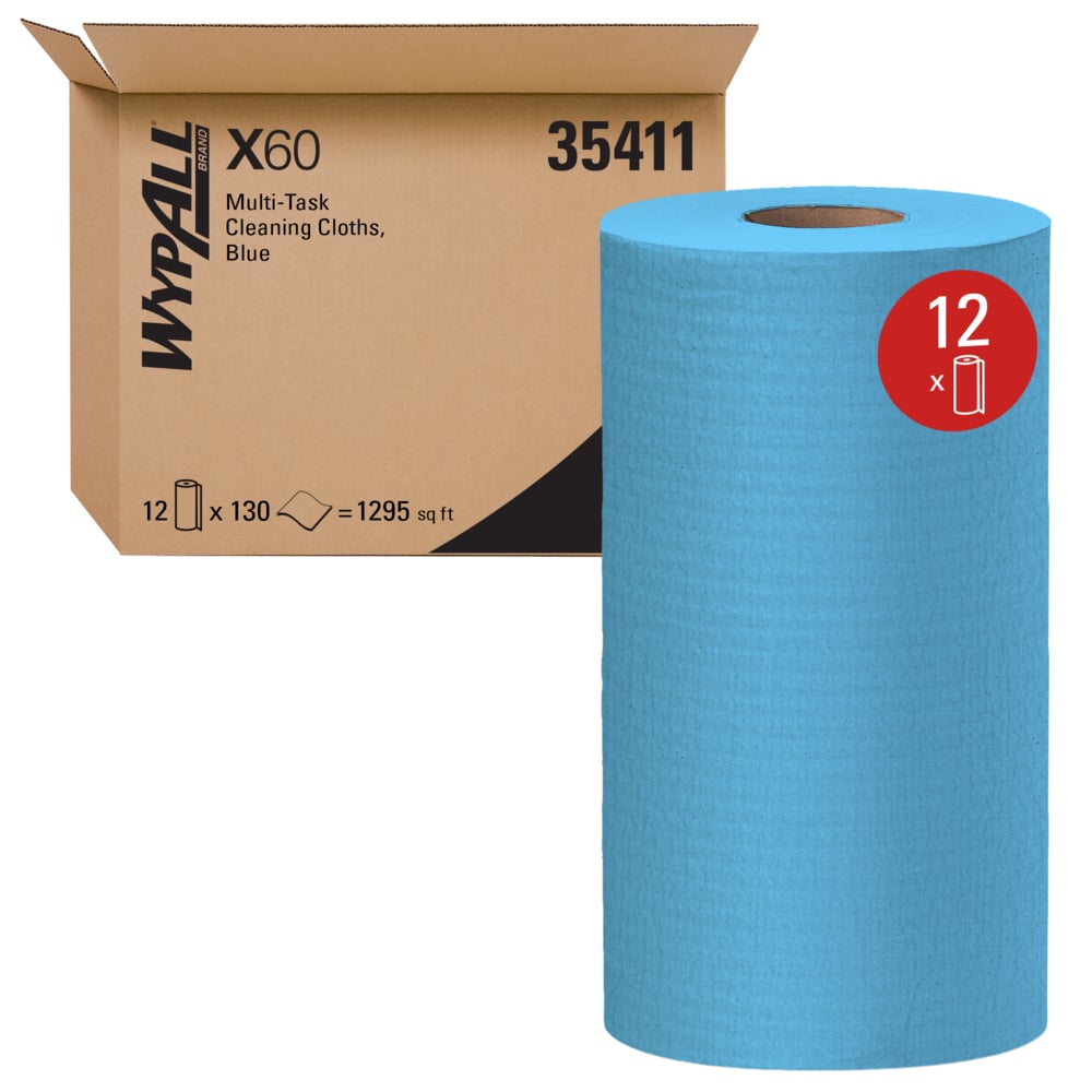 WypAll® GeneralClean™ X60 Multi-Task Cleaning Cloths (35411), Small Roll, Strong and Absorbent Towels, Blue (130 Sheets/Roll, 12 Rolls/Case, 1,560 Sheets/Case) - 35411