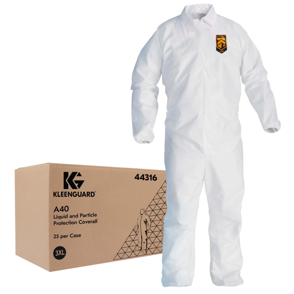 KleenGuard™ A40 Liquid & Particle Protection Coveralls (44316), Zipper Front, Elastic Wrists & Ankles, White, 3XL (Qty 25) - 44316