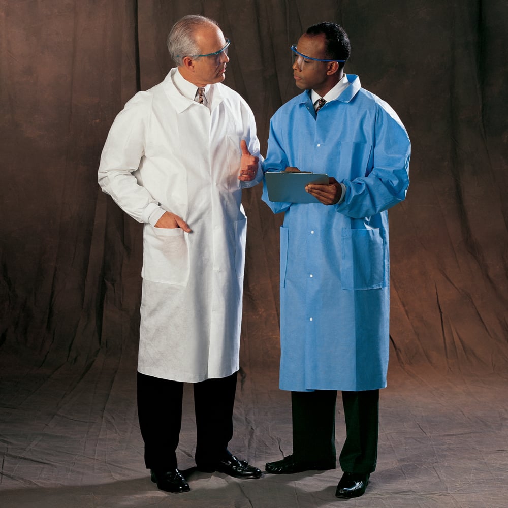 Kimtech™ A8 Certified Lab Coats with Knit Cuffs + Extra Protection (10045), Protective 3-Layer SMS Fabric, Back Vent, Unisex, Blue, Small, 25 / Case - 10045