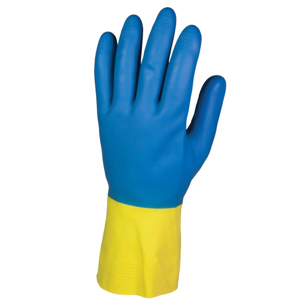 Gants résistants aux produits chimiques recouverts de néoprène/latex KleenGuard G80 (38744), 27,5 mil, 12 po, bleus et jaunes, TG (10), 12 paires/sac, 1 sac/caisse - 38744