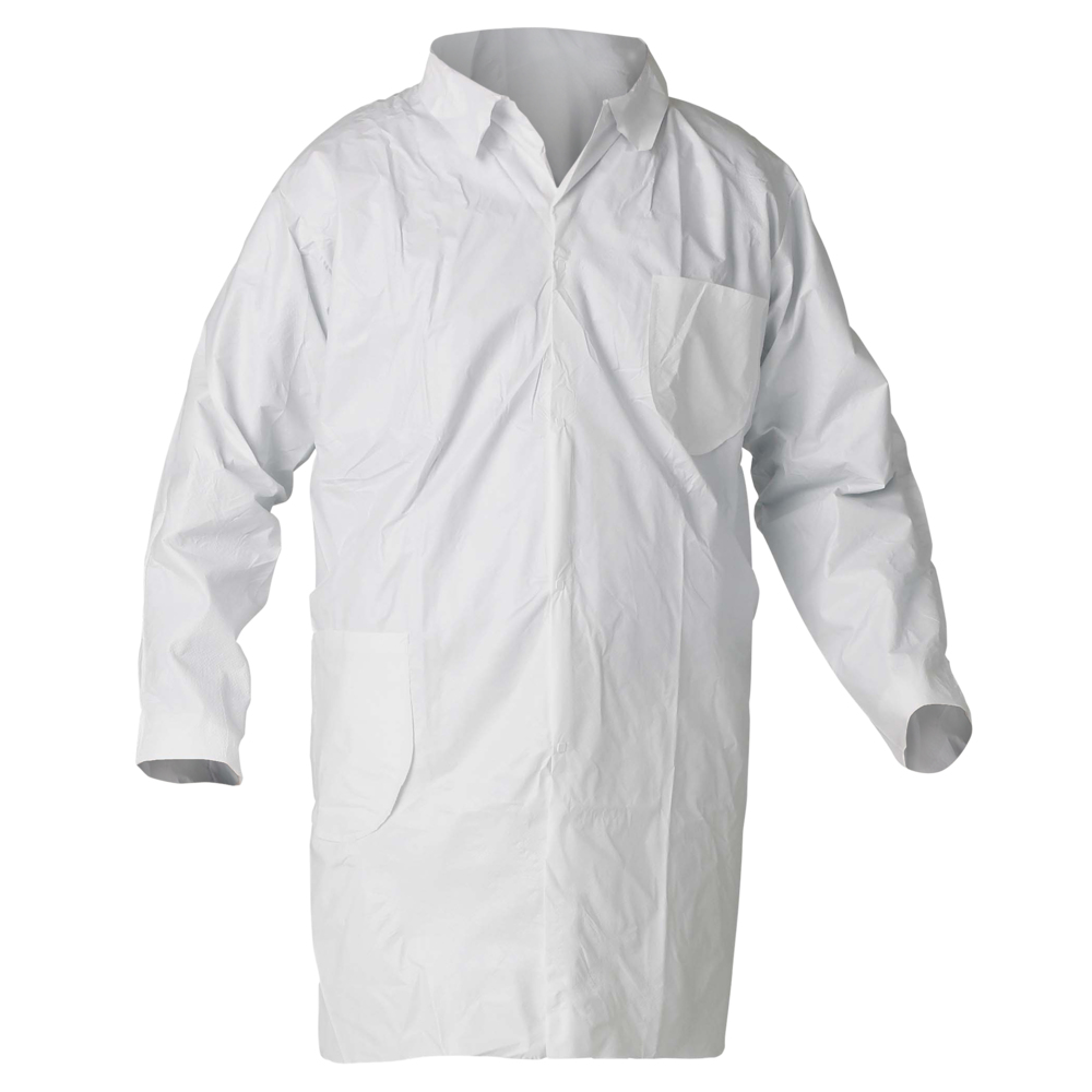 KleenGuard™ A40 Liquid & Particle Protection Lab Coats (44454), 4-Snap Closure, Knee Length, Open Wrists, White, XL, 30 / Case - 44454