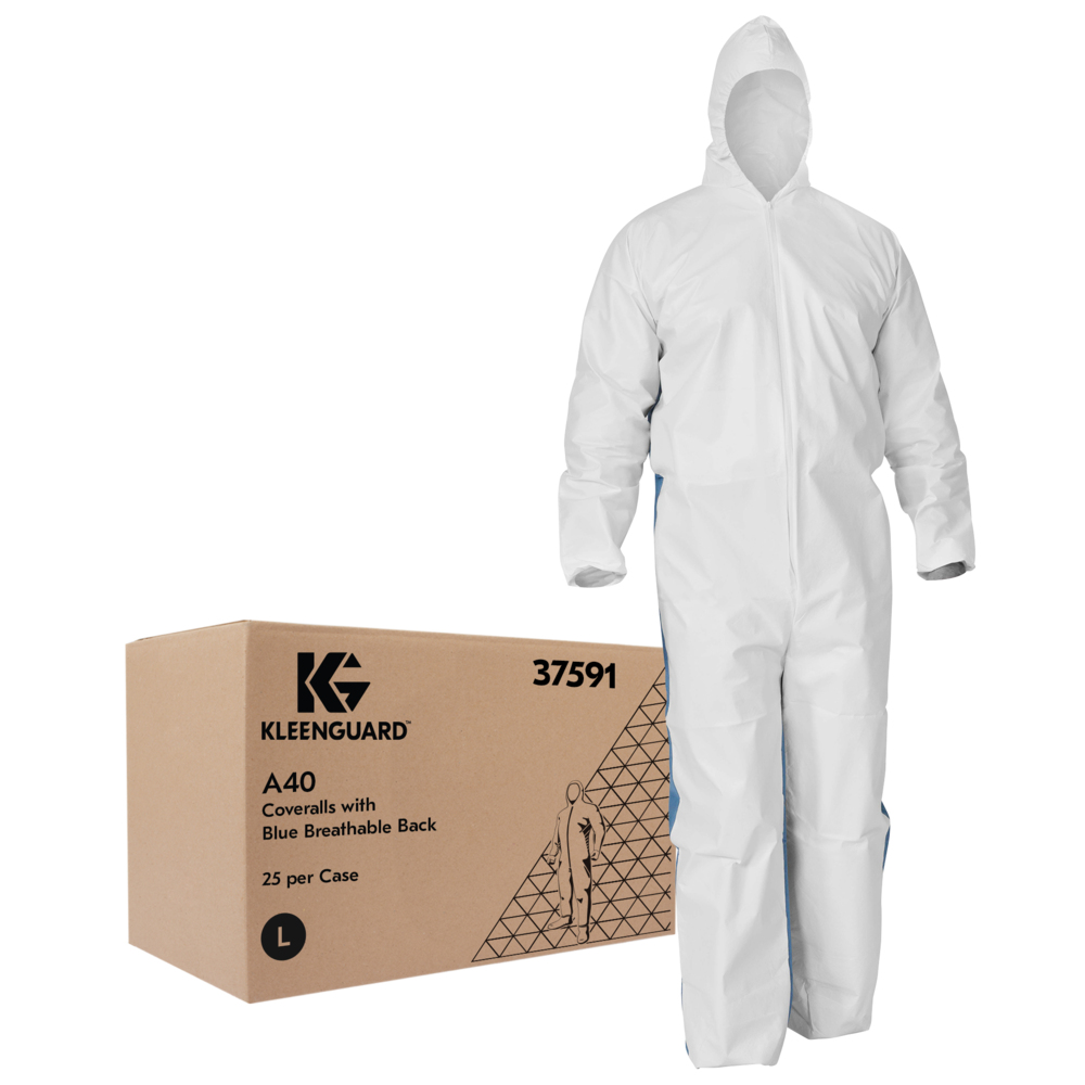 KleenGuard™ A40 Liquid & Particle Protection Coveralls (37591) with Blue Breathable Back, Zipper Front, Hood, EWA, White, Large, (Qty 25) - 37591