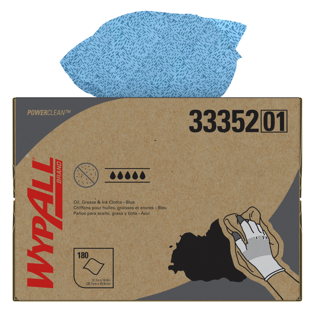 WypAll® Oil, Grease & Ink Cloths (33352), Brag Box, Lint-Free Towels, Blue (180 Sheets/Box, 1 Box/Case, 180 Sheets/Case) - 33352