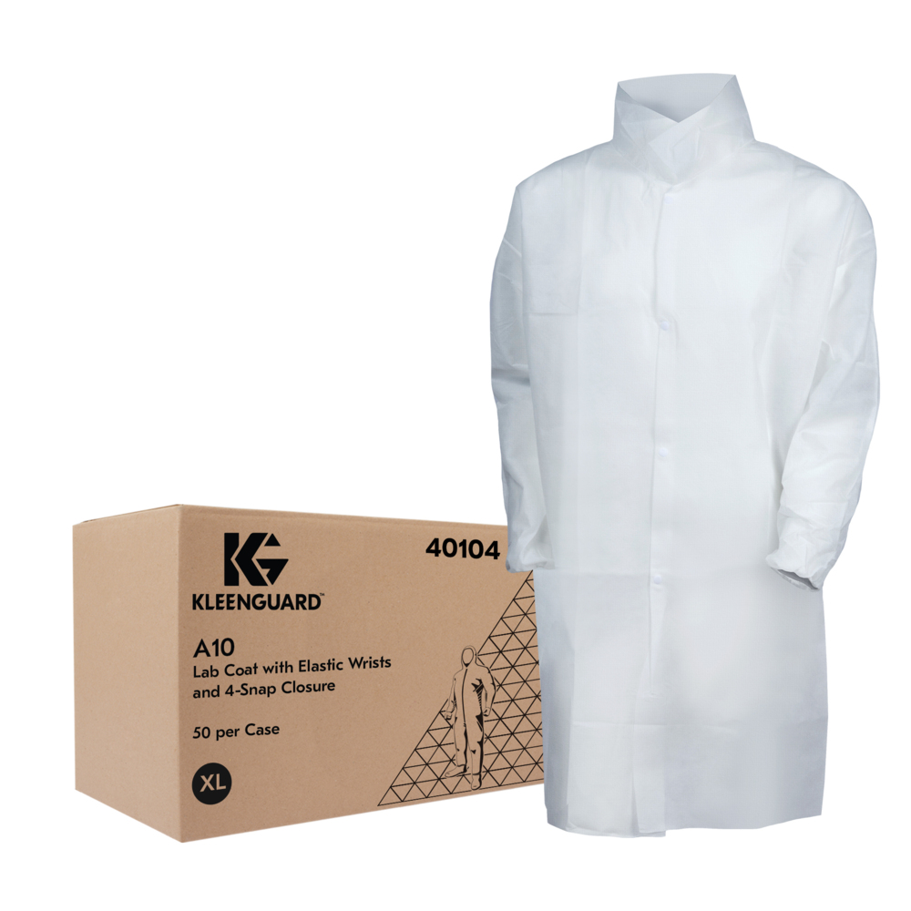 KleenGuard A10 Light Duty Lab Coat 40104 Snap Front Elastic Wrists Extra Large XL White 50 Coats Case