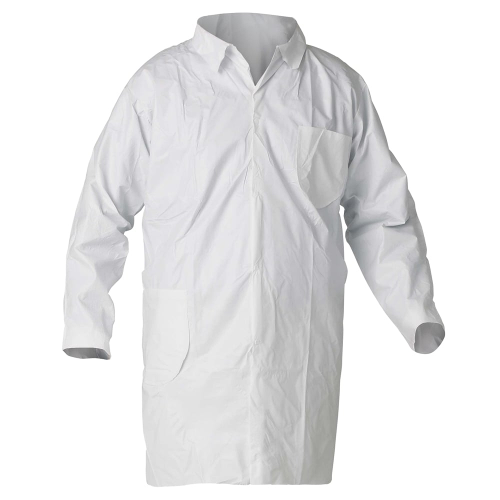 KleenGuard™ A40 Liquid & Particle Protection Lab Coats (44453), 4-Snap Closure, Knee Length, Open Wrists, White, Large, 30 / Case - 44453
