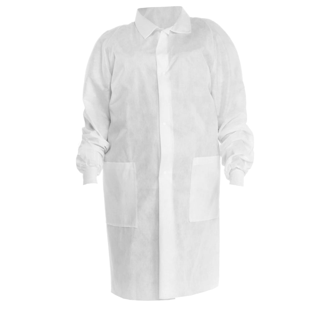 Kimtech™ A8 Certified Lab Coats with Knit Cuffs (10121), Protective 3-Layer SMS Fabric, Knit Cuffs, Mid-Calf Length, Unisex, White, Medium, 25 / Case - 10121