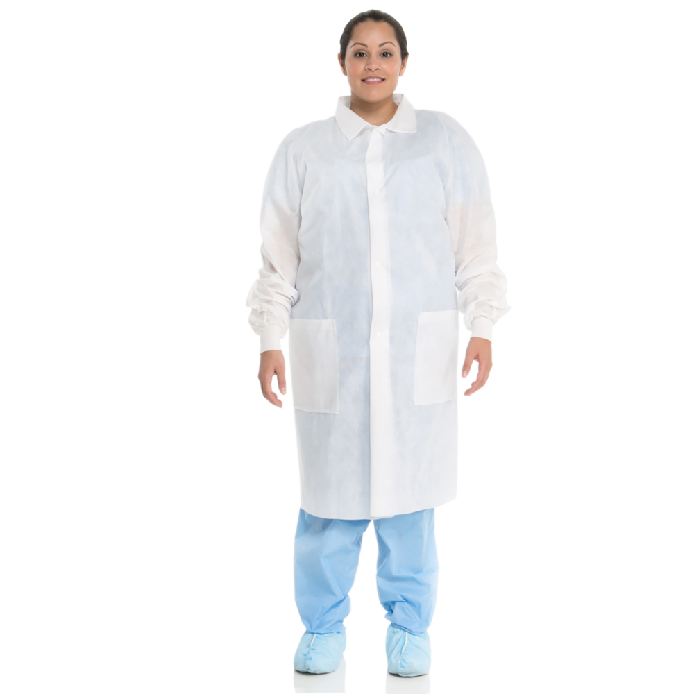 Kimtech™ A8 Certified Lab Coats with Knit Cuffs (10120), Protective 3-Layer SMS Fabric, Knit Cuffs, Mid-Calf Length, Unisex, White, Small, 25 / Case - 10120