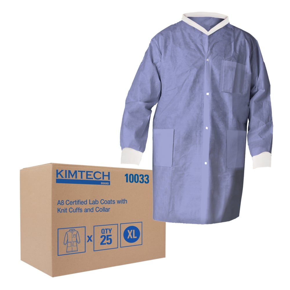 Kimtech™ A8 Certified Lab Coats with Knit Cuffs and Collar (10033), Protective 3-Layer SMS Fabric, Knit Collar & Cuffs, Unisex, Blue, XL, 25 / Case - 10033