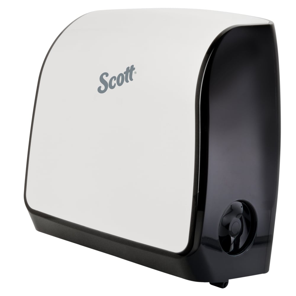 Distributrice manuelle pour essuie-mains en rouleau dur de Scott Pro (34367), pour rouleaux d’essuie-mains à mandrin gris, conception personnalisable, blanche, 12,66 po x 16,44 po x 9,18 po - 34367