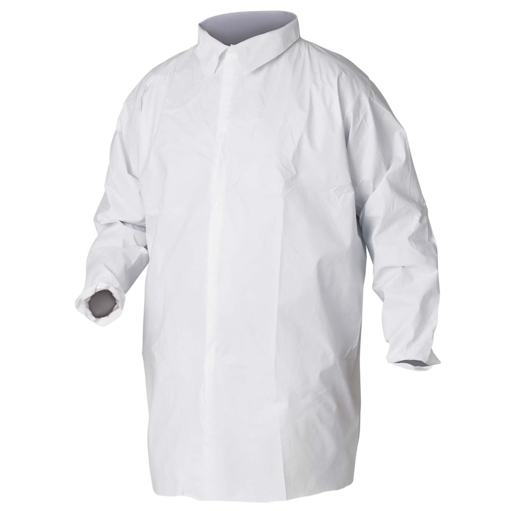 KleenGuard™ A20 Breathable Particle Protection Lab Coats (35620), 4 Hook & Loop Closures, Knee Length, Elastic Wrists, White, Large, 30 / Case - 35620