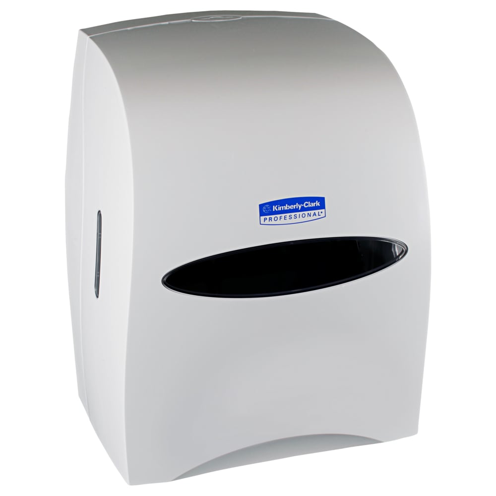 Distributrice d’essuie-mains en rouleaux durs grande capacité compatibles avec les produits Sanitouch (09995), manuelle sans contact, blanche - 09995