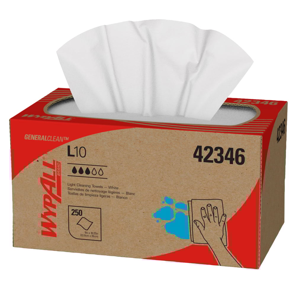 Chiffons de nettoyage léger WypAll® GeneralClean™ L10 (42346), boîte Pop-Up, chiffons à usage limité, blancs (250 feuilles/boîte, 24 boîtes/caisse, 6 000 feuilles/caisse) - 42346