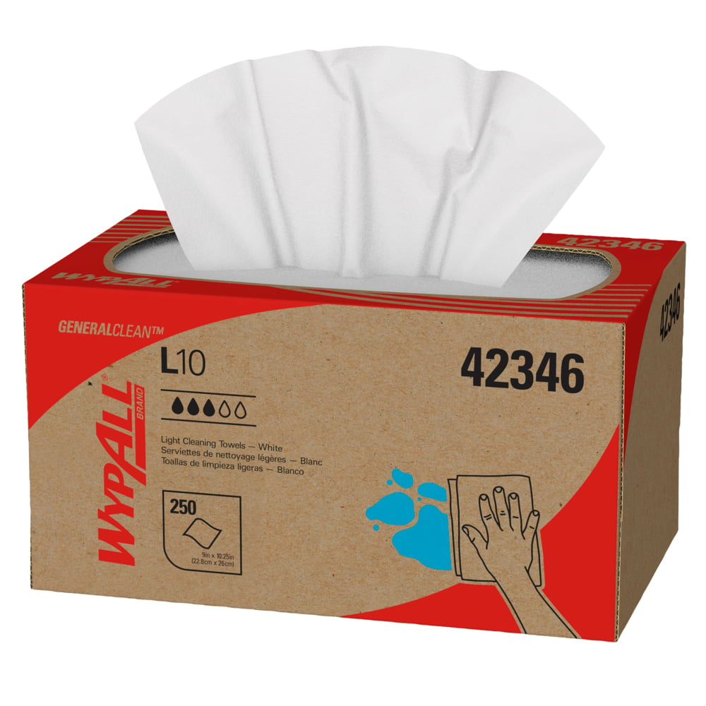 Chiffons de nettoyage léger WypAll® GeneralClean™ L10 (42346), boîte Pop-Up, chiffons à usage limité, blancs (250 feuilles/boîte, 24 boîtes/caisse, 6 000 feuilles/caisse);Lingettes de nettoyage léger WypAll® L10 General Clean (42346), à utilisation limitée/légers, 1 épaisseur, boîte Pop-Up, blanches, 24 paquets/caisse, 250 lingettes/boîte - 42346