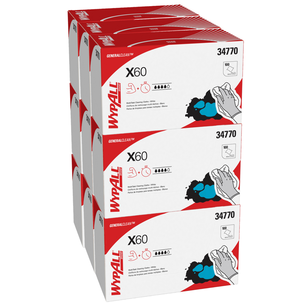Chiffons de nettoyage multitâches WypAll® X60 General Clean (34770), débarbouillettes pliées en quatre, blanches, 100 feuilles/paquet, 9 paquets/caisse, 900 débarbouillettes/caisse - 34770