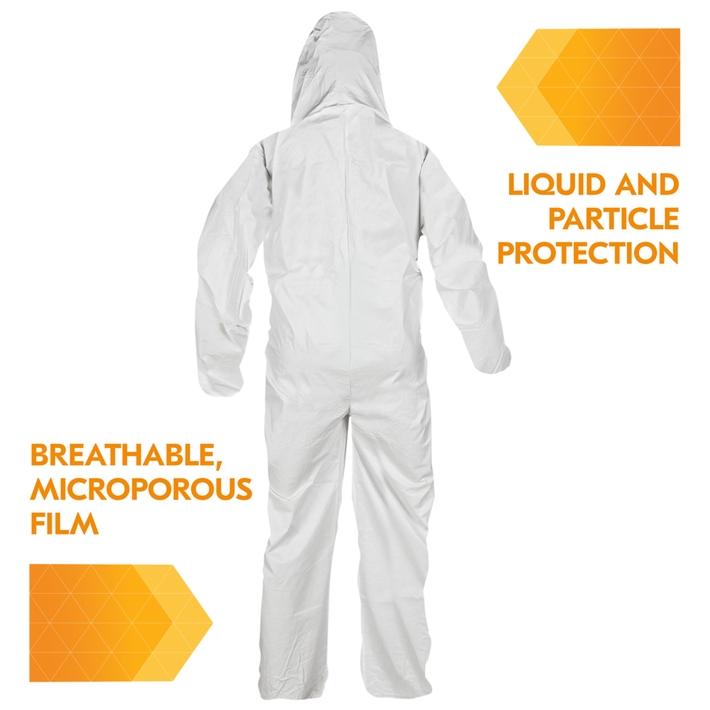 KleenGuard™A40 Liquid and Particle Protection Coveralls, REFLEX Design, Zip Front, Elastic Wrists & Ankles, Hood, White, 2X-Large, 25 Coveralls / Case - 44325