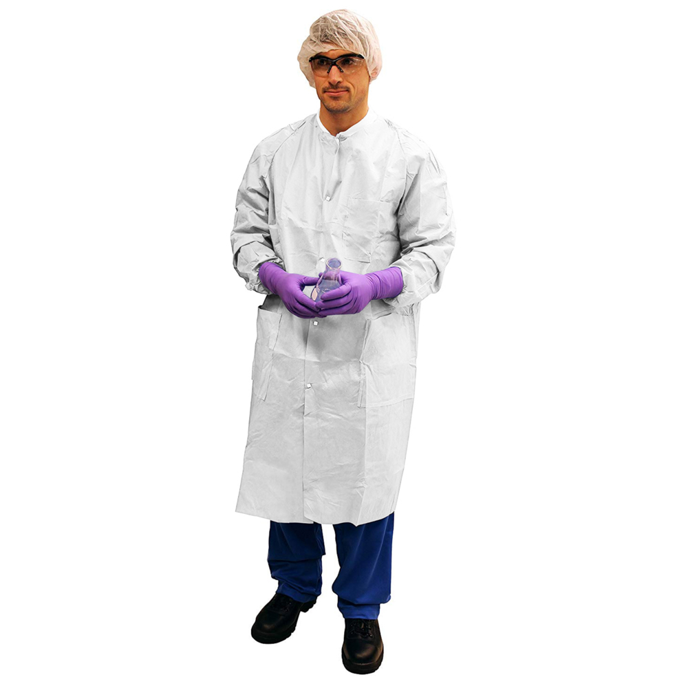 Kimtech™ A8 Certified Lab Coats with Knit Cuffs and Collar (10024), Protective 3-Layer SMS Fabric, Knit Collar & Cuffs, Unisex, White, 2XL, 25 / Case - 10024