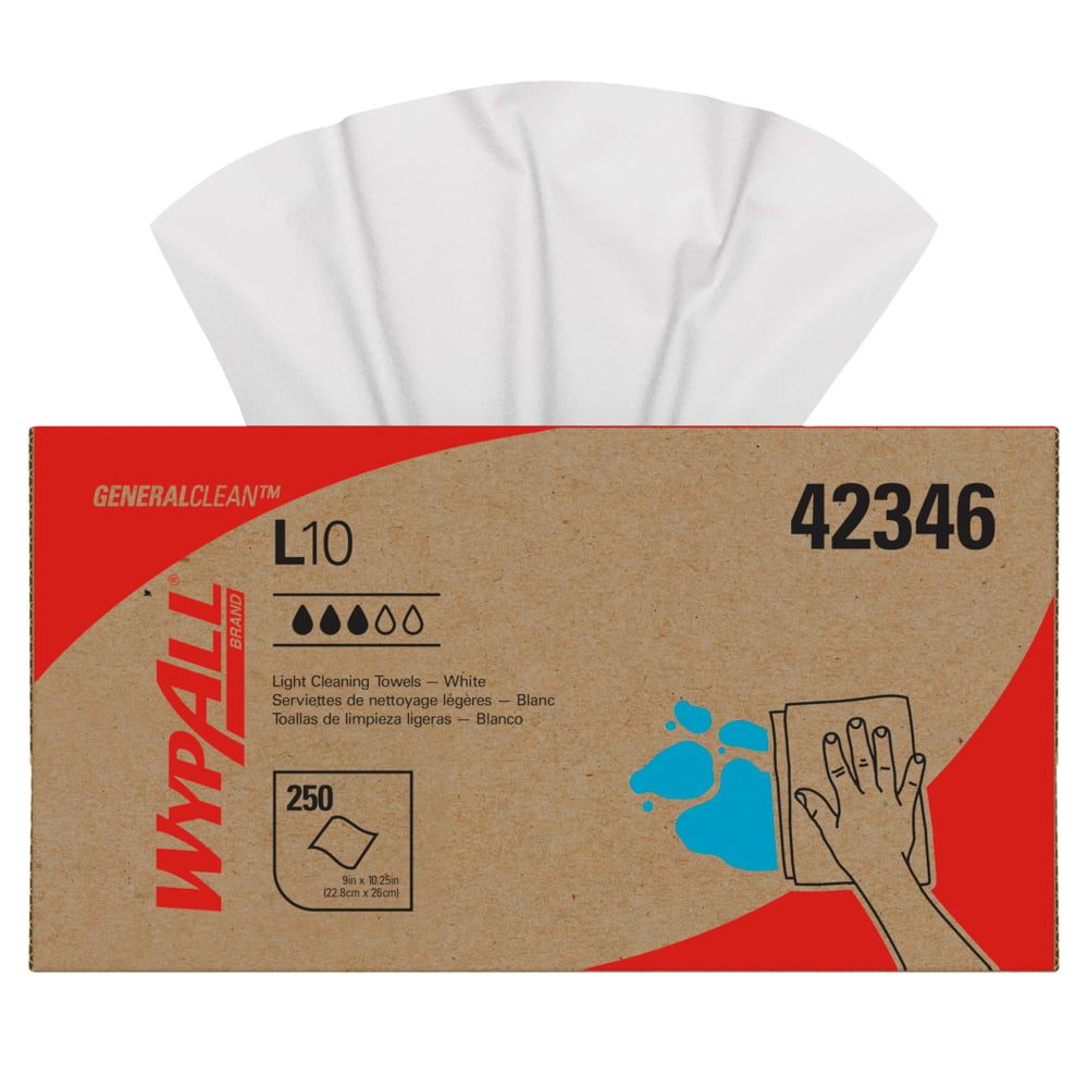 Chiffons de nettoyage léger WypAll® GeneralClean™ L10 (42346), boîte Pop-Up, chiffons à usage limité, blancs (250 feuilles/boîte, 24 boîtes/caisse, 6 000 feuilles/caisse);Lingettes de nettoyage léger WypAll® L10 General Clean (42346), à utilisation limitée/légers, 1 épaisseur, boîte Pop-Up, blanches, 24 paquets/caisse, 250 lingettes/boîte - 42346