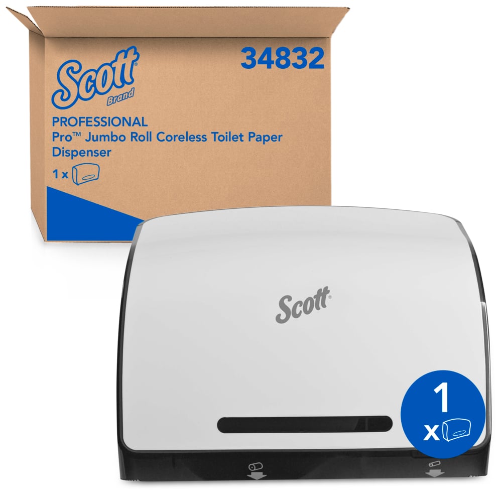 Scott® Pro Coreless Jumbo Roll Toilet Paper Dispenser (34832), White, 14.13" x 10.39" x 5.87" (Qty 1) - 34832