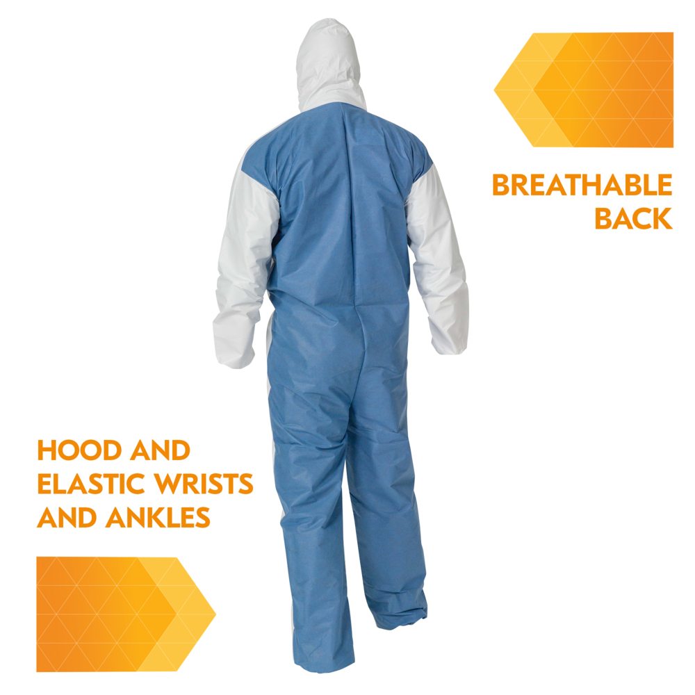 KleenGuard™ A40 Liquid & Particle Protection Coveralls (37164) with Blue Breathable Back, Zipper Front, Hood, EWA, White, 2XL, 25 / Case - 37164