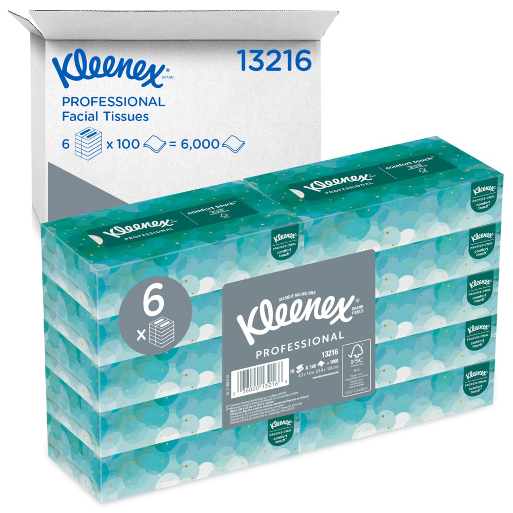 Mouchoirs Kleenex professionnels pour entreprise (13216), boîtes de mouchoirs plates, 60 boîtes/caisse, 100 mouchoirs/boîte - 13216