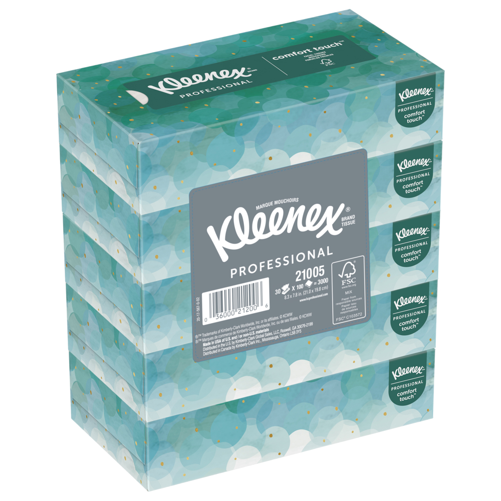 Kleenex® Professional Facial Tissue for Business (21005), Flat Tissue Boxes (100 Tissues/Box, 6 Bundles of 5 Boxes/Case, 3,000 Tissues/Case) - 21005