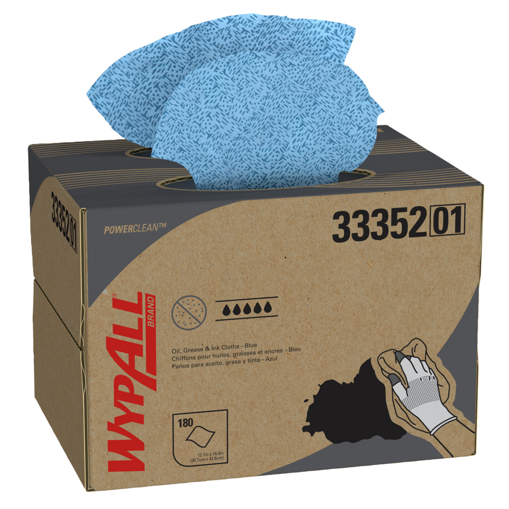 WypAll® Oil, Grease & Ink Cloths (33352), Brag Box, Lint-Free Towels, Blue (180 Sheets/Box, 1 Box/Case, 180 Sheets/Case) - 33352