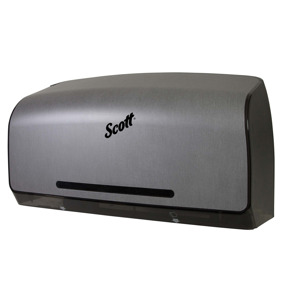 Distributrice de papier hygiénique à rouleau double JRT Scott Pro (39732), 20,25 po x 6,25 po x 11,6 po, pour papier hygiénique Scott Pro et Cottonelle, faux acier inoxydable, 1/boîte - 39732