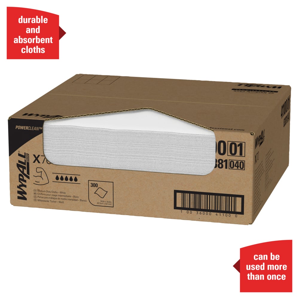 WypAll® PowerClean™ X70 Medium Duty Cloths (41100), Flat Sheets, Long Lasting Towels, White (300 Sheets/Box, 1 Box/Case, 300 Sheets/Case) - 41100