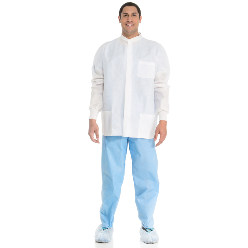 Kimtech™ A8 Certified Lab Jackets with Knit Cuffs and Collar + Extra Protection (10069), Protective 3-Layer SMS Fabric, Knit Collar, Unisex, White, Small, 25 / Case - 10069