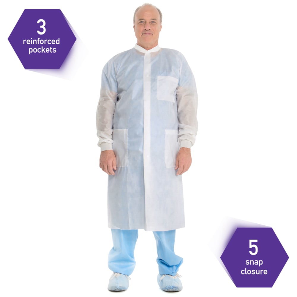 Kimtech™ A8 Certified Lab Coats with Knit Cuffs and Collar (10020), Protective 3-Layer SMS Fabric, Knit Collar & Cuffs, Unisex, White, Small, 25 / Case - 10020