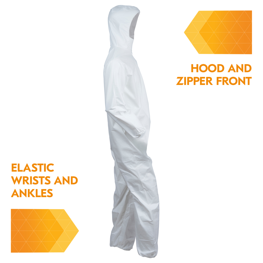KleenGuard™ A40 Liquid & Particle Protection Coveralls (30939), Zipper Front, Elastic Wrists, Ankles & Hood, White, Small (Qty 25) - 30939