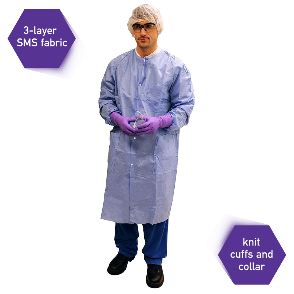 Kimtech™ A8 Certified Lab Coats with Knit Cuffs and Collar (10032), Protective 3-Layer SMS Fabric, Knit Collar & Cuffs, Unisex, Blue, Large, 25 / Case - 10032