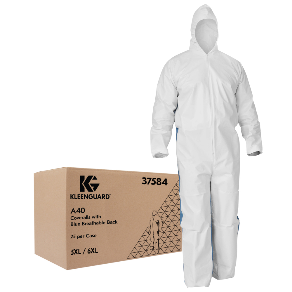 KleenGuard™ A40 Liquid & Particle Protection Coveralls (37584) with Blue Breathable Back, Zipper Front, Hood, EWA, White, 5XL/6XL, 25 / Case - 37584