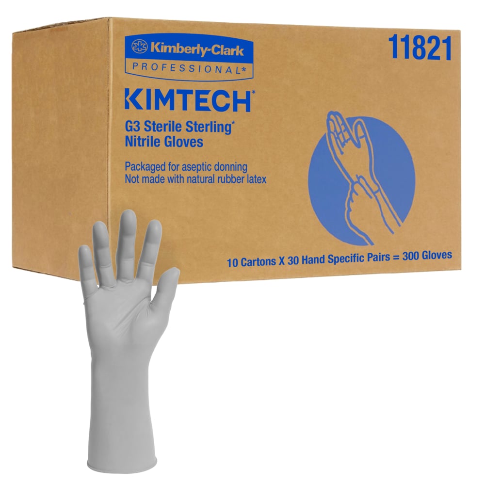 Gants stériles en nitrile Sterling Kimtech G3 (11821), 4 mil, pour salles blanches, spécifiques à la main, 12 po, taille 6, gris, 300 paires/caisse - 11821