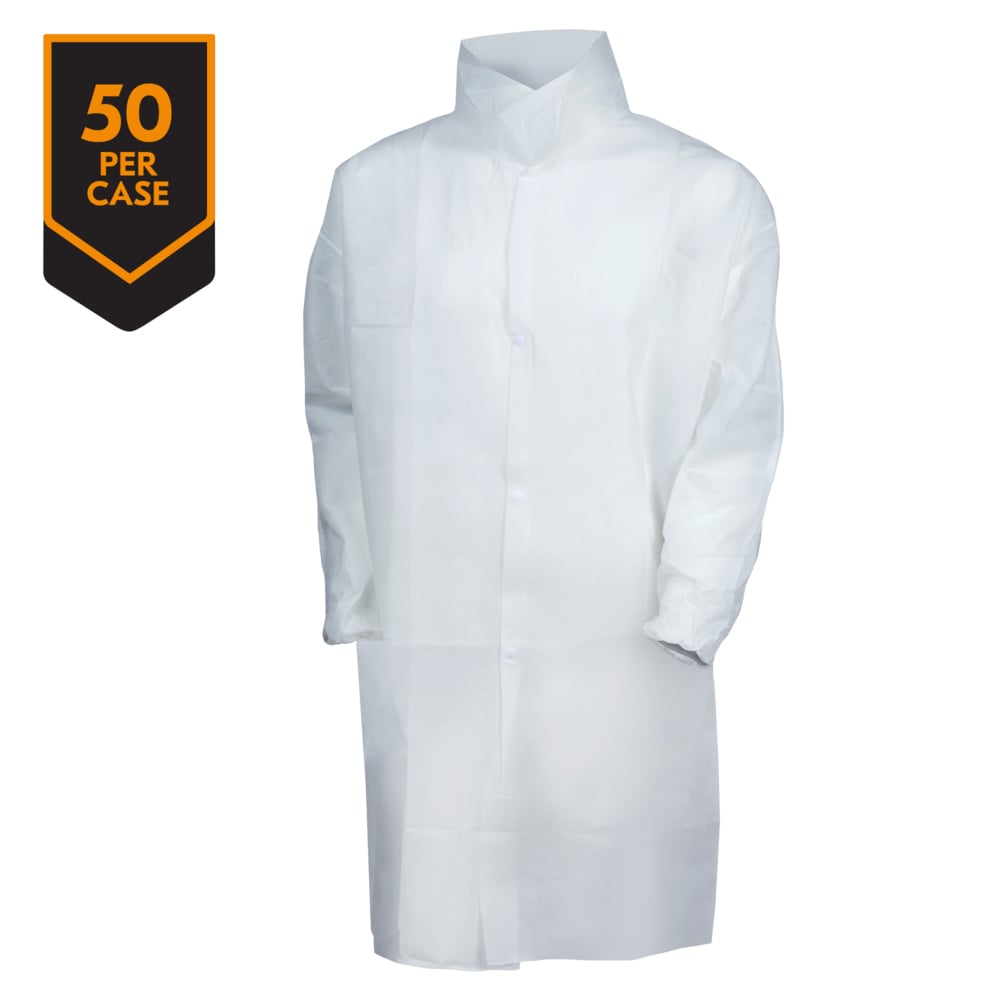 KleenGuard™ A10 Light Duty Lab Coat (40103), Snap Front, Elastic Wrists, Large, White, 50 Coats / Case - 40103