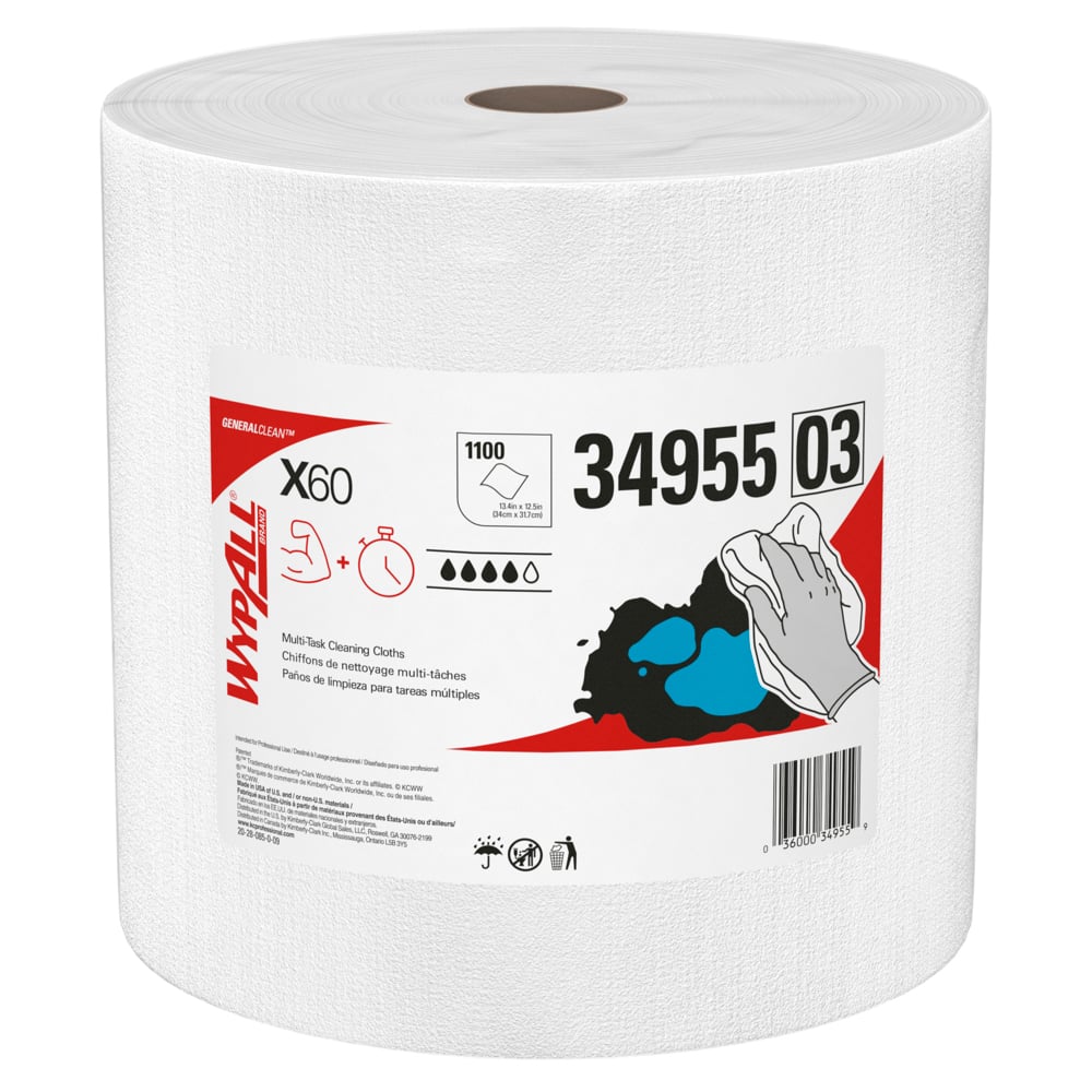 Chiffons de nettoyage multitâches WypAll® GeneralClean™ X60 (34955), rouleau géant, chiffons résistants et absorbants, blancs (1 100 feuilles/rouleau, 1 rouleau/caisse, 1 100 feuilles/caisse) - 34955