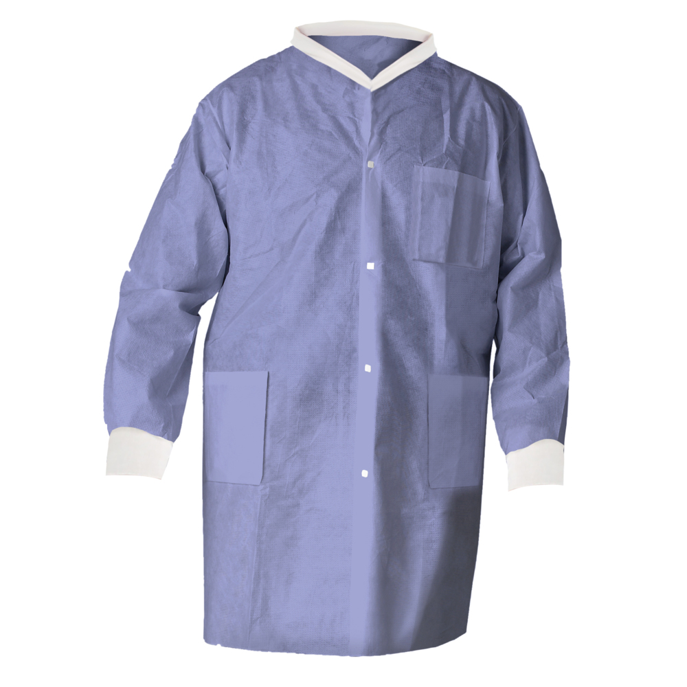 Kimtech™ A8 Certified Lab Coats with Knit Cuffs and Collar (10031), Protective 3-Layer SMS Fabric, Knit Collar & Cuffs, Unisex, Blue, Medium, 25 / Case - 10031