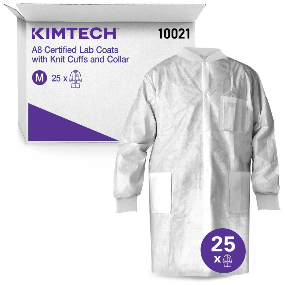 Kimtech™ A8 Certified Lab Coats with Knit Cuffs and Collar (10021), Protective 3-Layer SMS Fabric, Knit Collar & Cuffs, Unisex, White, Medium, 25 / Case - 10021