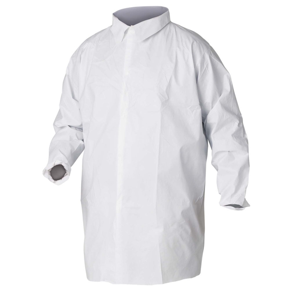 KleenGuard™ A20 Breathable Particle Protection Lab Coats (35624), 4 Hook & Loop Closures, Knee Length, Elastic Wrists, White, 4XL, 30 / Case - 35624