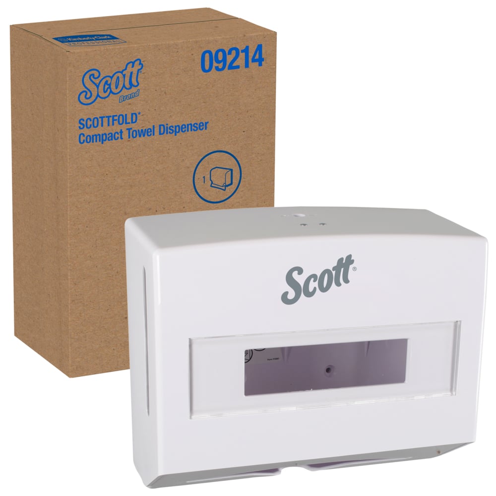 Distributrice d’essuie-mains pliés Scott® Scottfold™ (09214), blanche, 27,31 cm x 22,86 cm x 12,07 cm (10,75 po x 9,0 po x 4,75 po) (qté 1);Distributrice d’essuie-mains en papier compacte Scottfold de Scott (09214), petite distributrice d’essuie-mains, blanche - 09214