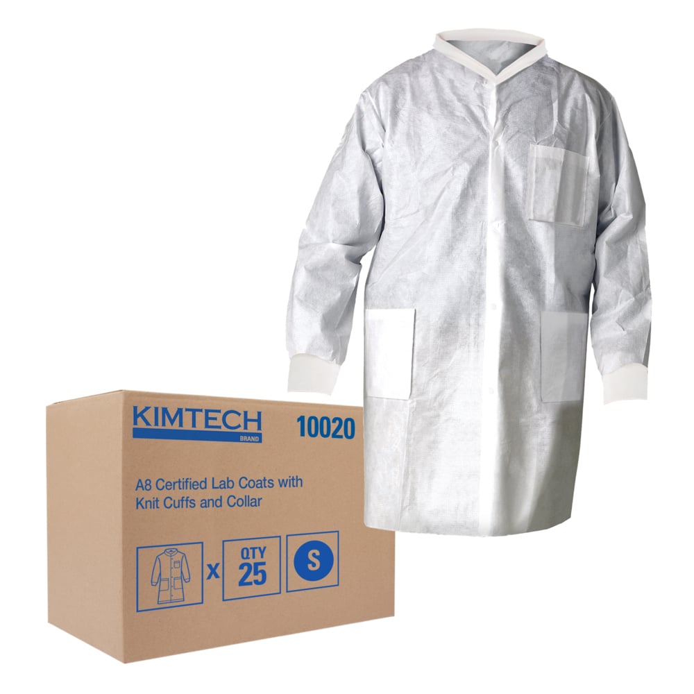 Kimtech™ A8 Certified Lab Coats with Knit Cuffs and Collar (10020), Protective 3-Layer SMS Fabric, Knit Collar & Cuffs, Unisex, White, Small, 25 / Case - 10020