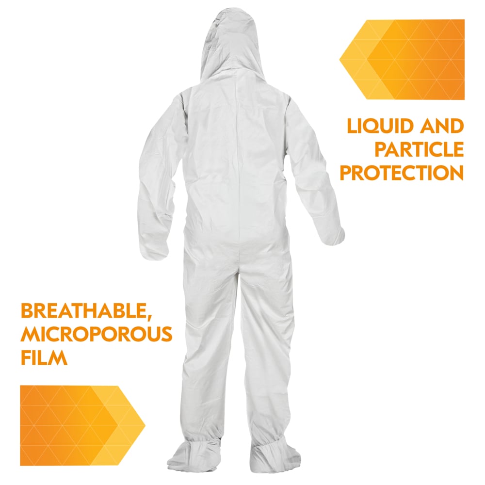 KleenGuard™ A40 Liquid & Particle Protection Coveralls (44334), Zipper Front, Elastic Wrists, Ankles, Hood & Boots, White, XL (Qty 25) - 44334