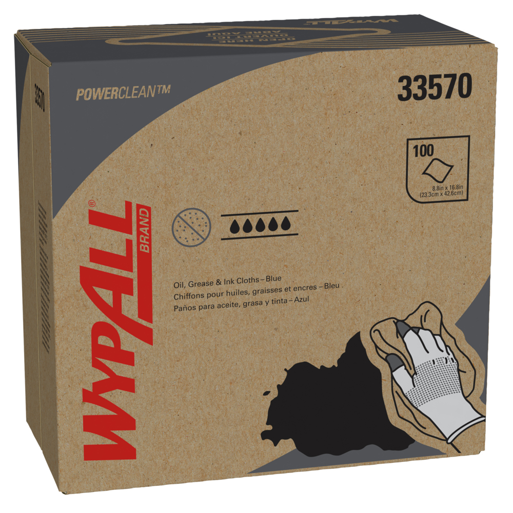 Essuie-tout pour l’huile, la graisse et l’encre WypAll® (33570), boîte Pop-Up, chiffon non pelucheux, bleus (100 feuilles/paquet, 5 paquets/caisse, 500 feuilles/caisse) - 33570